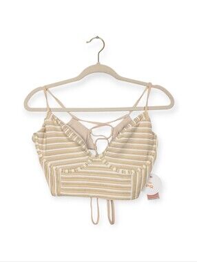 PQ Swim Bikini Top D New Earth Cream Stripe Shimmer Corset Bralette NWT